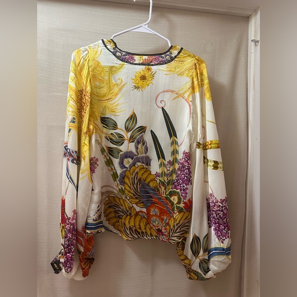 Camilla 100% Silk Floral V-Neck Blouse | Beaded | XXS Luxury Cropped Big Sleeve - Picture 8 of 9